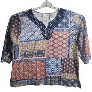 Alfred‎ Dunner Women's XL Multicolor Patchwork Print 3/4 Sleeve Top